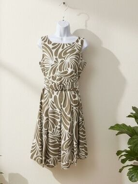 Esprit Tan White Abstract Floral Dress Belted Fit & Flare Size 10